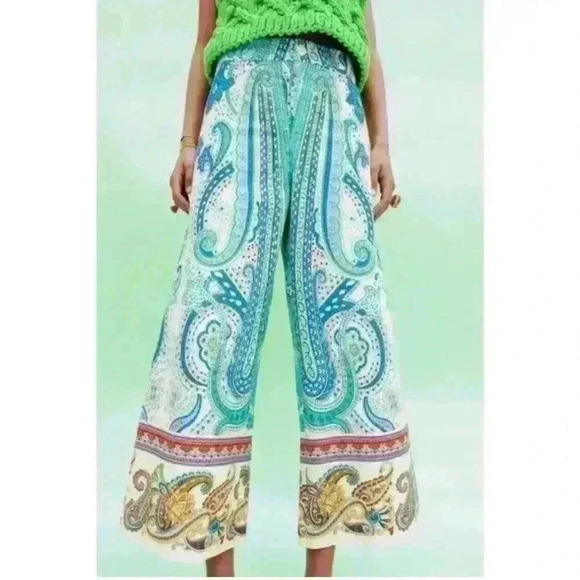 Zara printed pants mid rise wide leg paisley size XS extra small - Picture 1 of 8